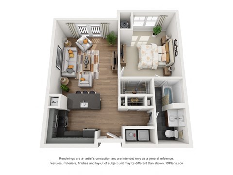 Floor plan for 1 bed, 1 bath, 876 sqft